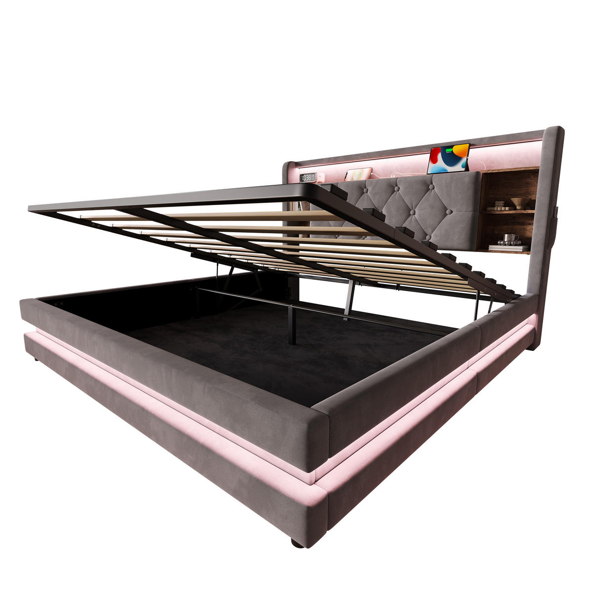 BOXBETT 140/200 mit LED/USB, Kopfteil-Regal & Hydraulik, Samt, Dunkelgrau - Dunkelgrau, Holz (140/200cm) - LVHOM