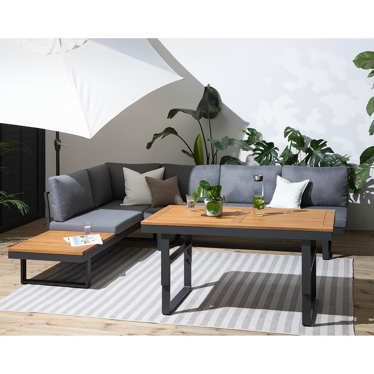 LOUNGESET - Webstoff / Akazie / Aluminium - 3-teilig - Höhenverstellbar - Braun/Grau, Holz/Textil - home24