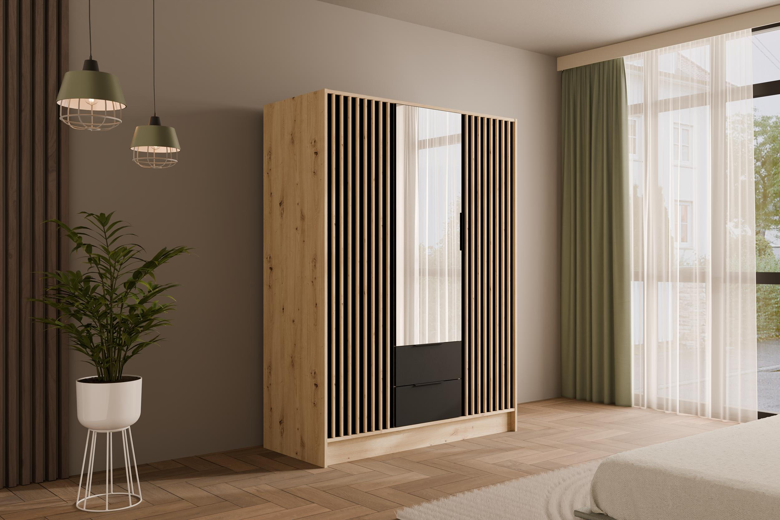 KLEIDERSCHRANK NELIA - 150 cm - Schwarz/Eiche Artisan, Holzwerkstoff (150/200/51cm) - ALTDECOR