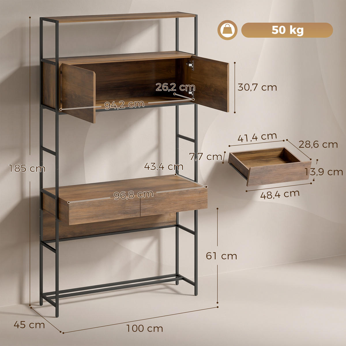 SCHREIBTISCH Braun 45.0/100.0/185.0 cm - Braun, Holzwerkstoff (45/100/185cm)