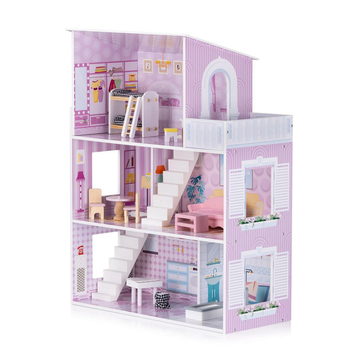 PUPPENHAUS DIWH02407 rosa 61 x 30 cm, MDF, 12-teiliges Möbel-Set, 3 Etagen, ab 3 Jahren - Rosa, Holz (30/61/79cm) - Chipolino
