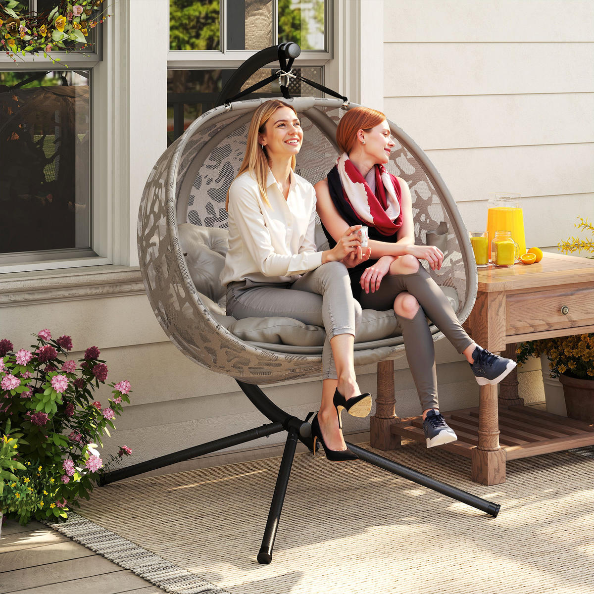 HÄNGESESSEL FÜR 2 PERSONEN DE-07052 klappbarer Sitzkorb, großes Kissen Sand - Sandfarben, Textil/Metall (103/172/130cm) - ComfortXL