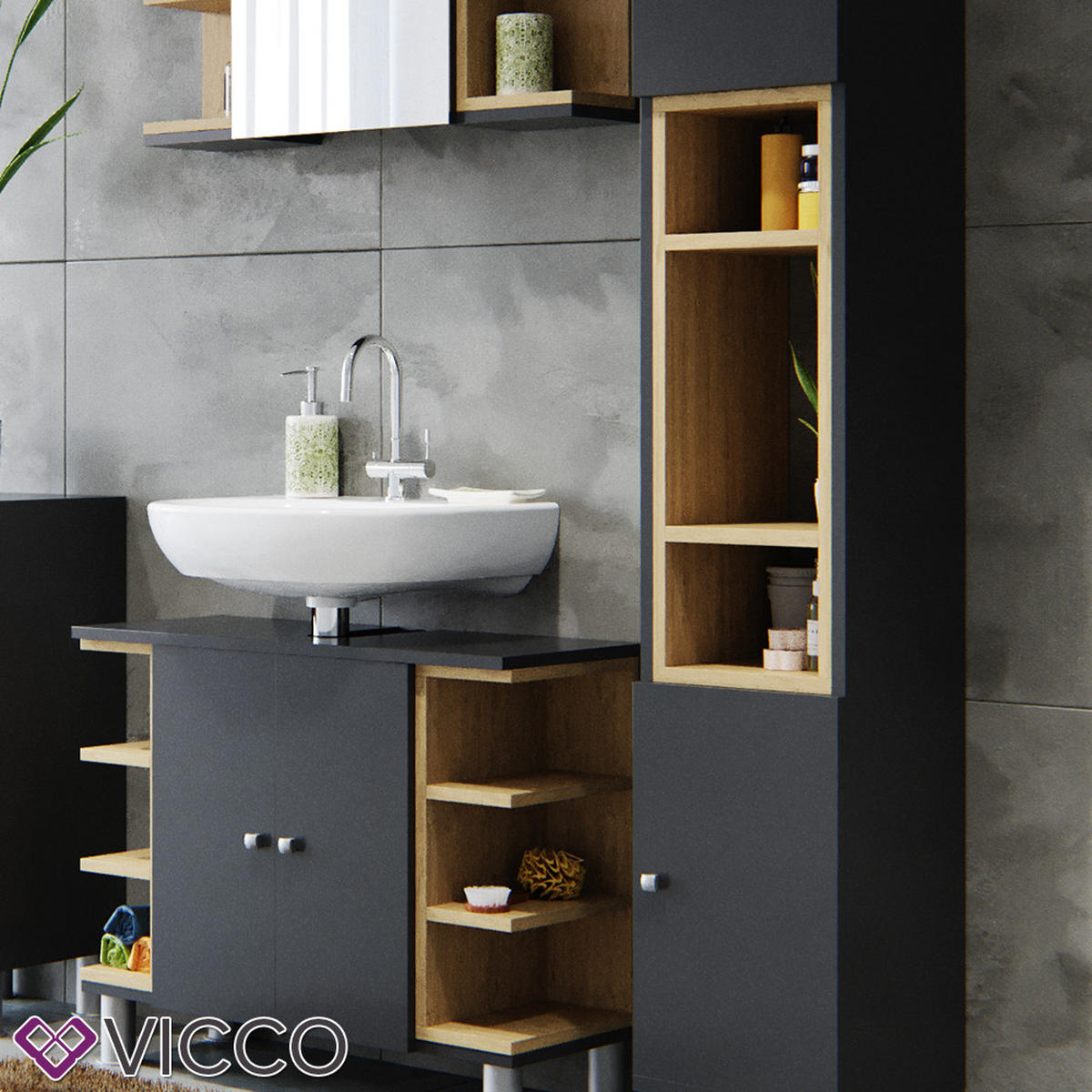 BADMÖBEL-SET Aquis Anthrazit 3 Teile, mit Hochschrank - Anthrazit/Sonoma Eiche, Holzwerkstoff (79.6/64/32cm) - Vicco