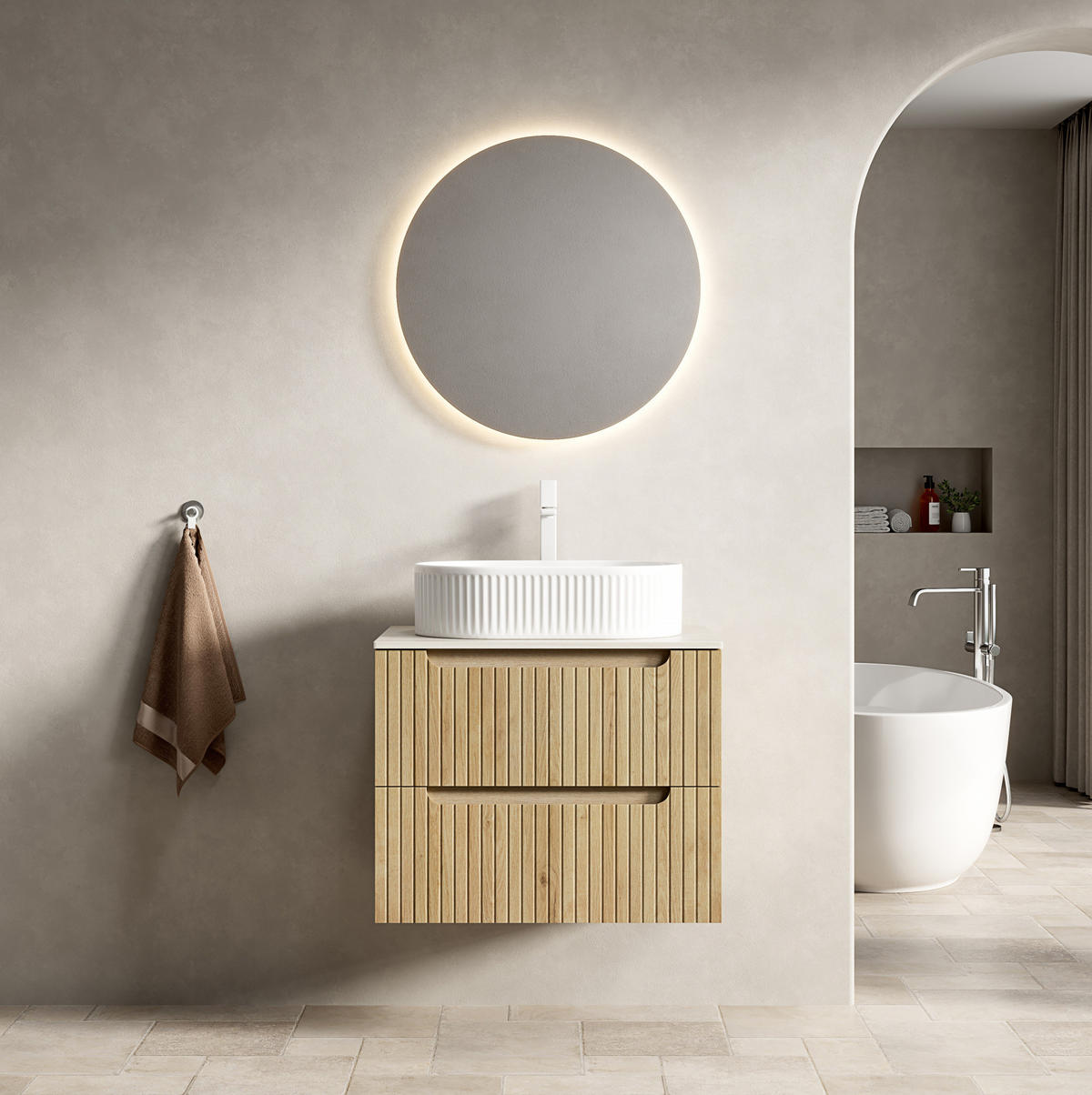 WASCHTISCH mit 2 Schubladen Keramik Weiß Eichenoptik - Weiß, Holzwerkstoff (46/62.2/60cm) - Beauniv
