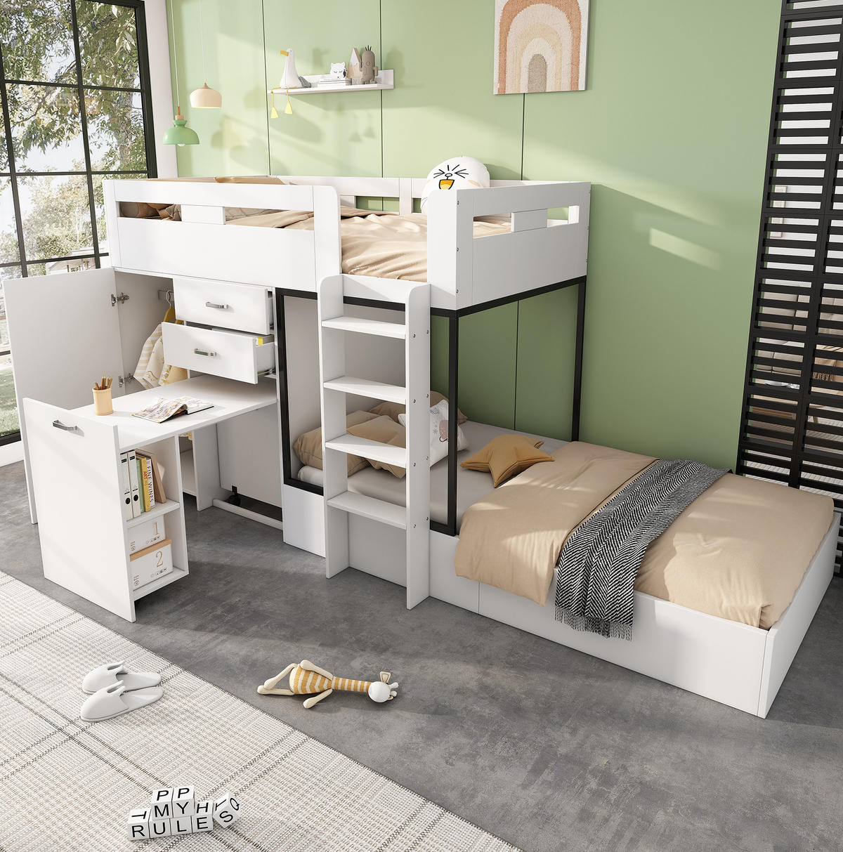 ETAGENBETT 90/200 cm mit ausziehbarem Schreibtisch, Garderobe, Schubladen und Regalen aus MDF, Weiß, Schwarz - Weiß, Holzwerkstoff (90/200cm) - Redom