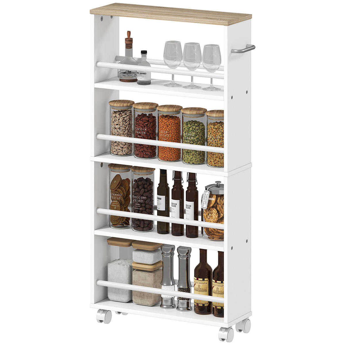 MULTIFUNKTIONSREGAL DE-08519 mit Rollen und 4 Fächern Natur - Naturfarben, Metall (15/91/45cm) - ComfortXL