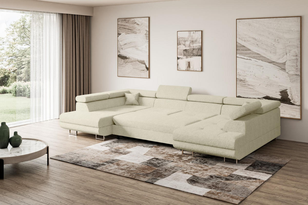 WOHNLANDSCHAFT mit Schlaffunktion und Bettkasten GUSA-U 342x202x107 cm Beige Bouclé - Beige/Silberfarben, Holzwerkstoff/Textil (342/107/202cm) - ALTDECOR