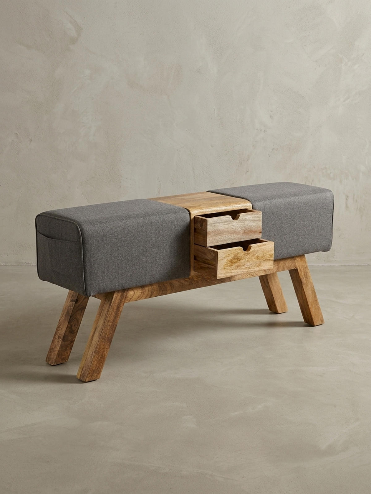 SITZBANK Massivholz Stoffbezug mit 2 Schubladen, Grau 120x30x56 cm - Braun/Grau, Mangoholz/Textil (120/56/30cm) - KADIMA DESIGN