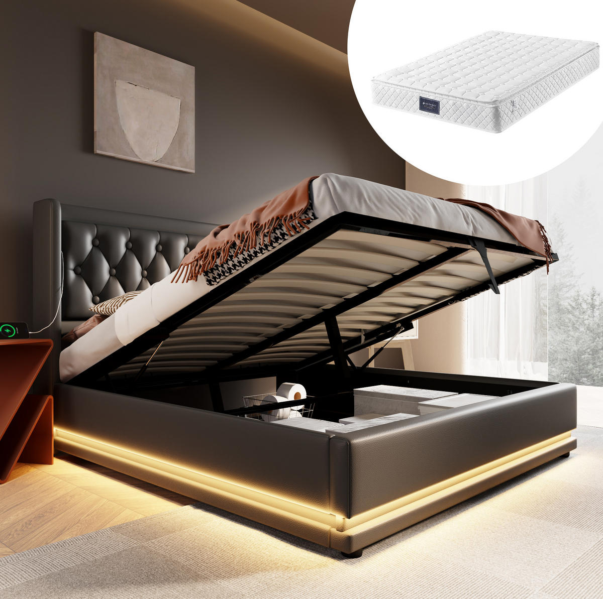 POLSTERBETT 160/200 cm Schwarz aus PU mit Stauraum, LED und USB Typ-C - Schwarz, Kunststoff (160/200cm) - OKMYHOME