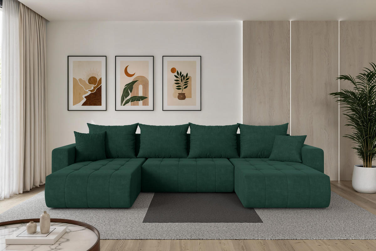 SEDACÍ SOUPRAVA DO U s funkcí spaní a úložným prostorem MILA-U 378x194x86 zelená velur - černá/zelená barva, kompozitní dřevo/textil (378/86/194cm) - ALTDECOR