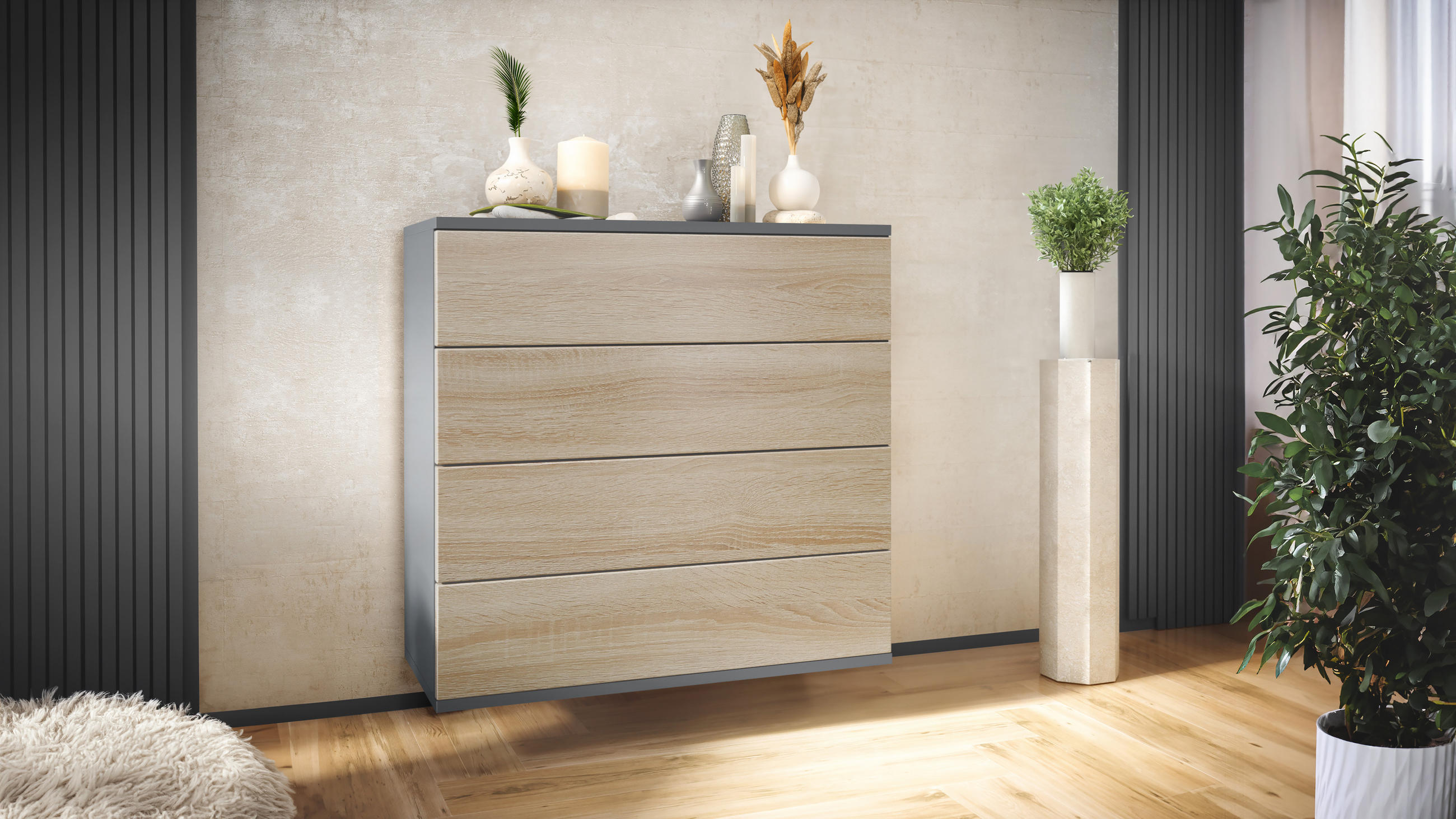 KOMMODE Pavos Eiche sägerau - Eiche San Remo, Holzwerkstoff (76/76/35cm) - Vladon