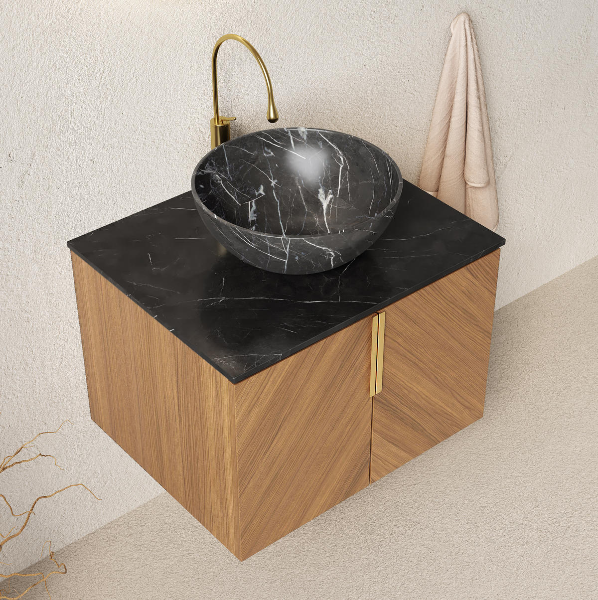 WASCHTISCHKOMBI 61x50x55.1cm Schwarz/Eiche mit Keramikbecken & Soft-Close - Eichefarben, Keramik (61/55.1/50cm) - Modfu