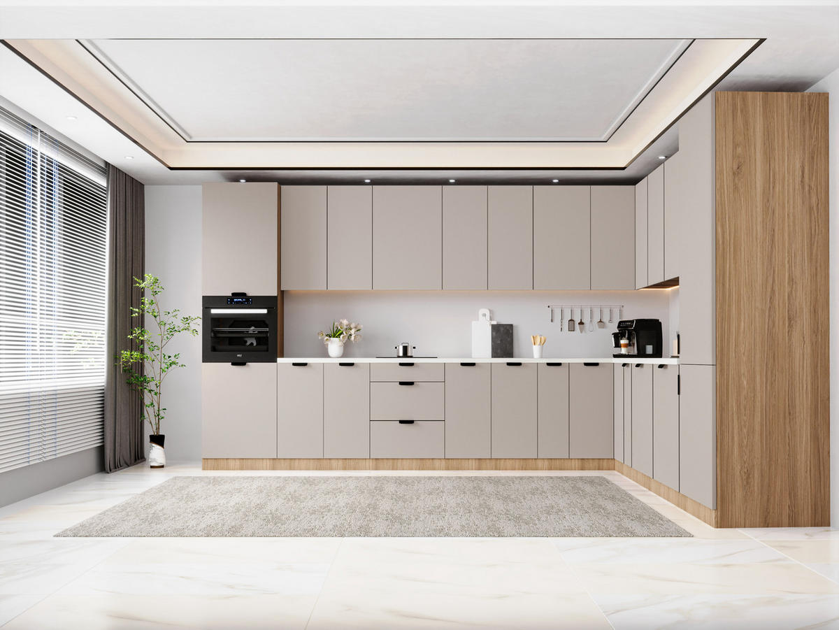 WINKELKÜCHE 385 x 285 cm - Sorento KS11-M385 - in Beige / Sonoma Eiche - Beige/Schwarz, Holz/Metall (670/247/58cm)
