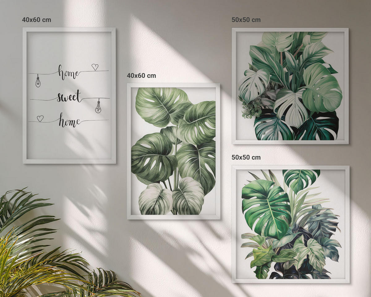 WANDBILDER 4er-Set - 50x50 cm & 40x60 cm Weißer Rahmen - Aquarell-Monstera-Blätter - Weiß, Kunststoff (50/50cm) - ArtPrintCave