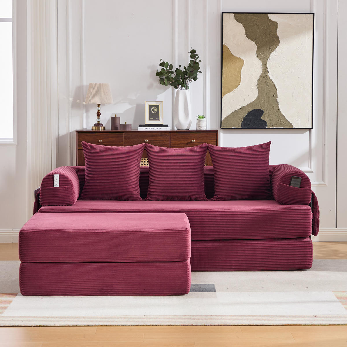ECKSOFA Cord Weinrot mit Hocker und Kissen - Weinrot, Textil/Metall (218/285cm) - WISHDOR