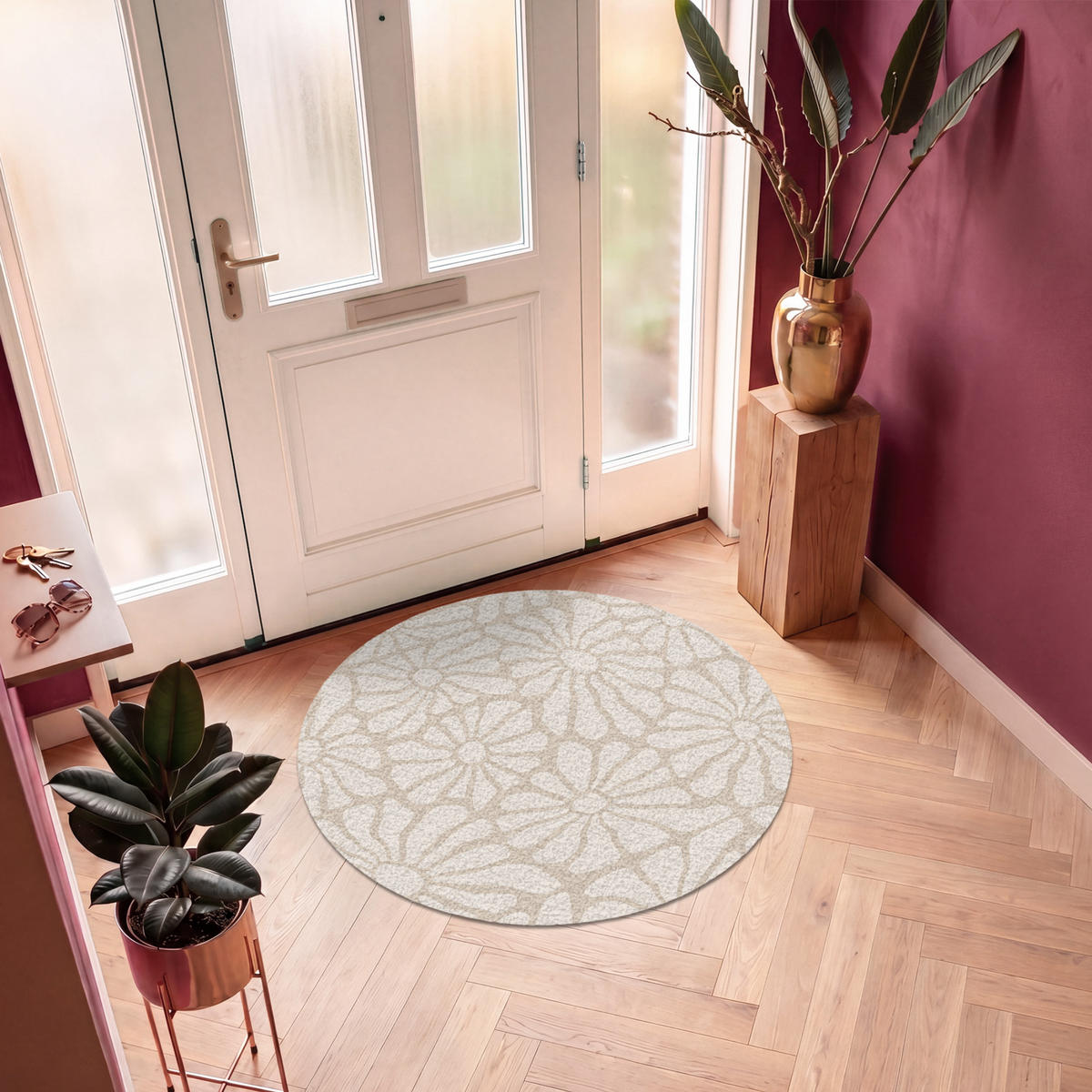 FUSSMATTE Floral - Druck - Beige - Braun - Minimalistisch Schmutzfangmatte 120x120 cm - Sandfarben, Kunststoff (120/120cm) - MuchoWow