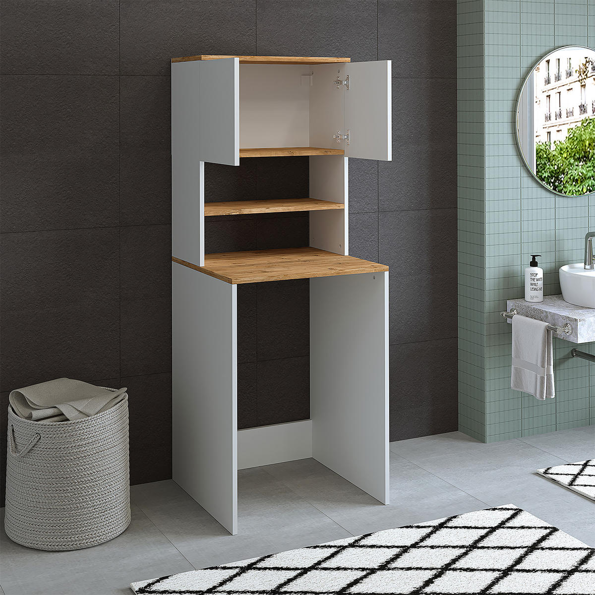 WASCHMASCHINENSCHRANK Atlantic III 65cm Breit, 181cm Hoch - Eiche Bianco, Holzwerkstoff (65/181/60cm)
