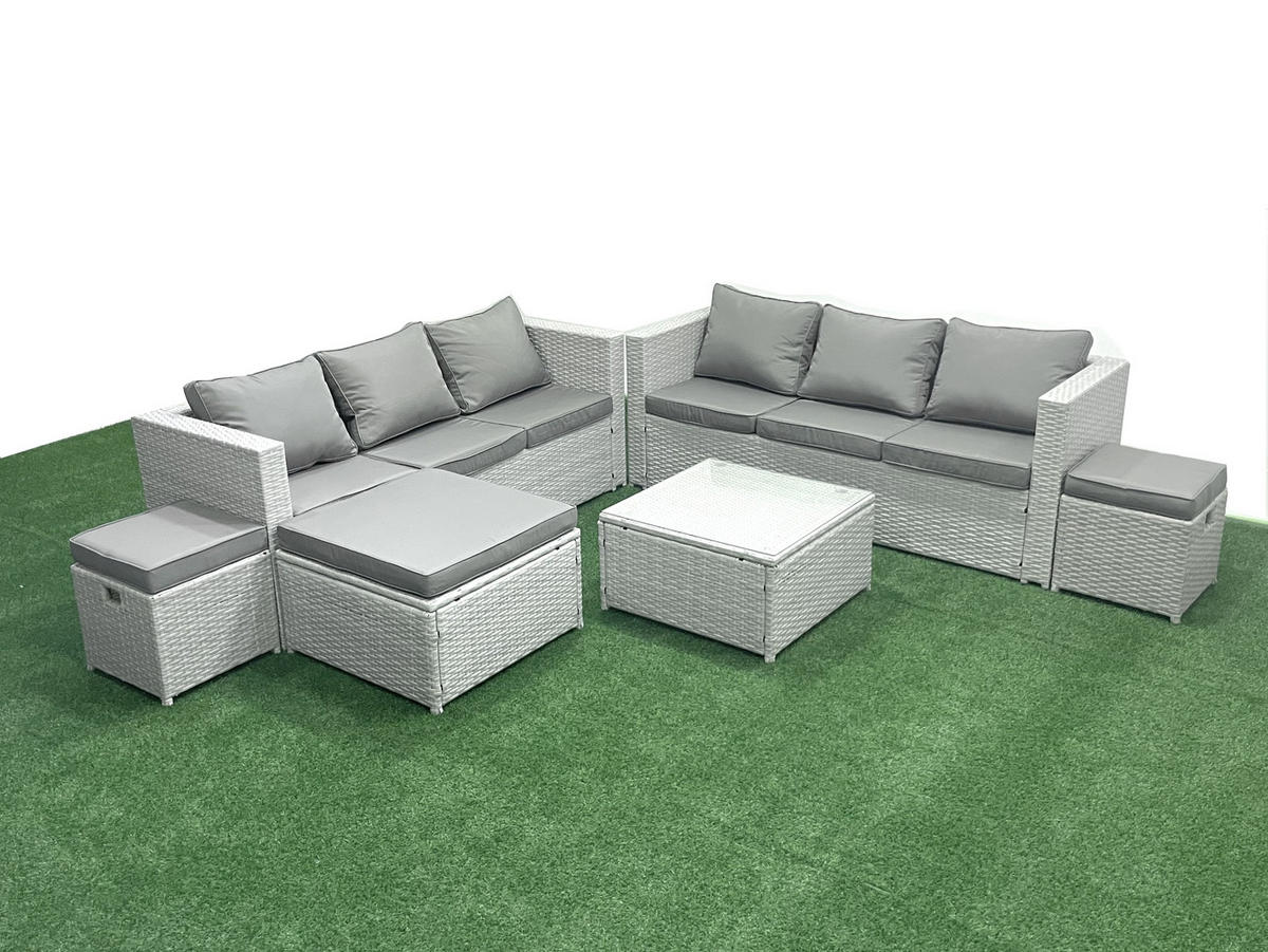GARTENMÖBEL-SET mit Kissen Polyrattan Hellgrau-Mix 9-Sitzer - Hellgrau/Grau, Glas/Kunststoff - Fimous