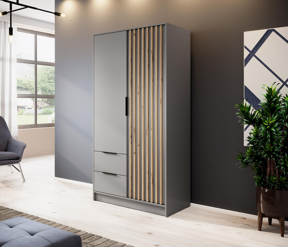 KLEIDERSCHRANK Nelly Grau, Artisan Eiche Lamellen, Schrank Zweitürige, Garderobe mit Schubladen - Grau, Holzwerkstoff (105/200/51cm) - Bettso