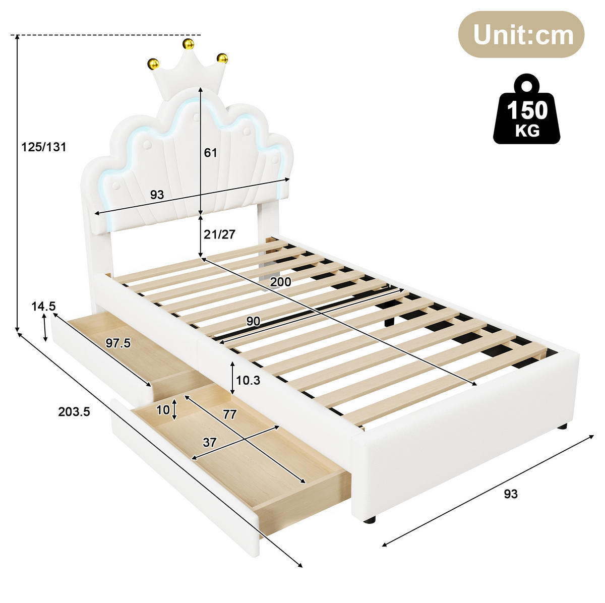 KINDERBETT Kindereinzelbetten 90/200 cm mit verstellbarem Kopfteil, LED-Beleuchtung, 2 Schubladen und PU-Bezug, Weiß - Weiß, Leder (90/200cm) - Redom