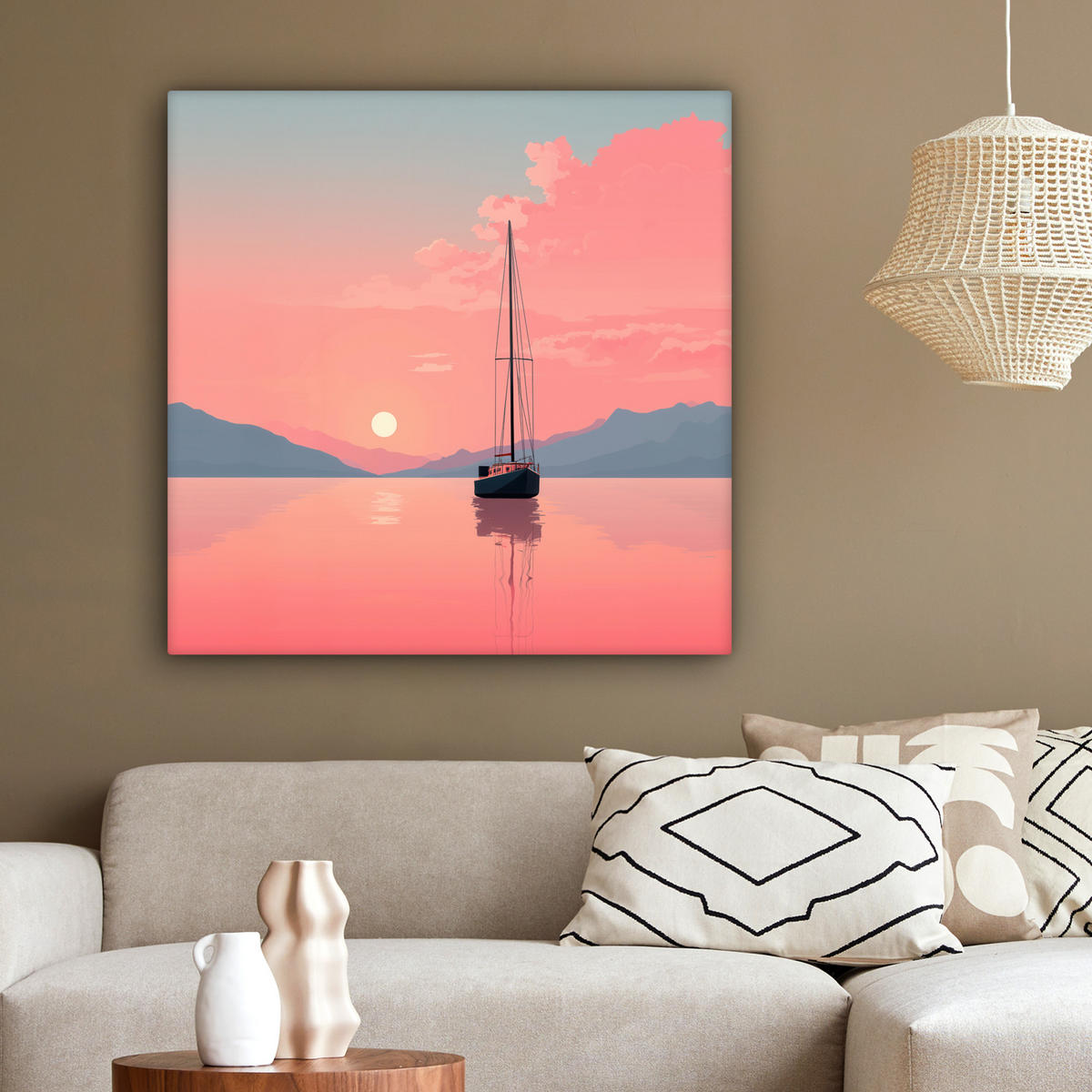 LEINWANDBILD Segelboot - Rosa Meer - Sonnenuntergang - Berge Deko Groß 90x90 cm - Rosa, Textil (90/90cm) - MuchoWow