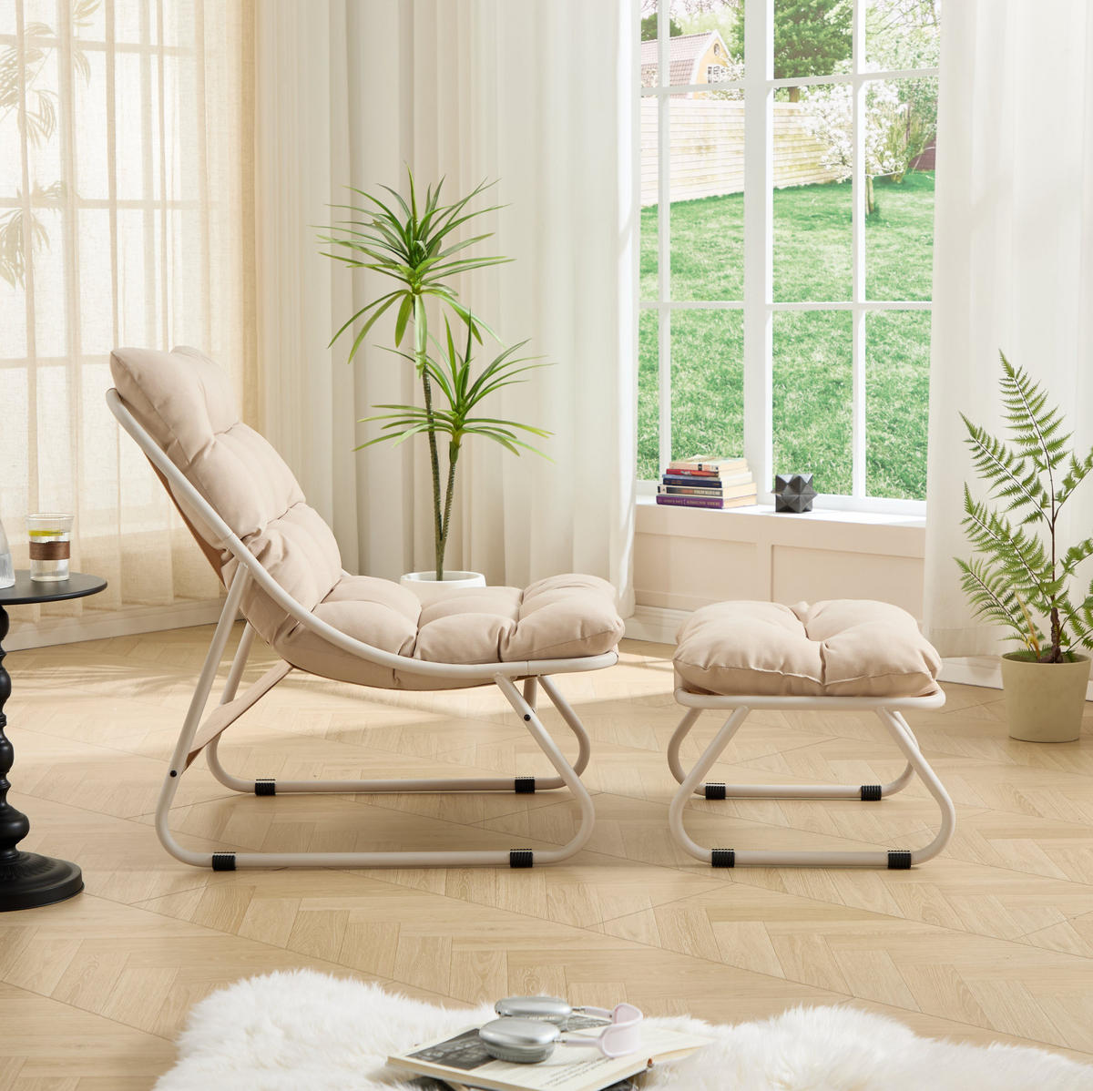 ZAHRADNÍ lounge křeslo 65/78/86 cm béžové z oceli s podnožkou a polstrováním - béžová, kov (78/86/65cm) - OKWISH