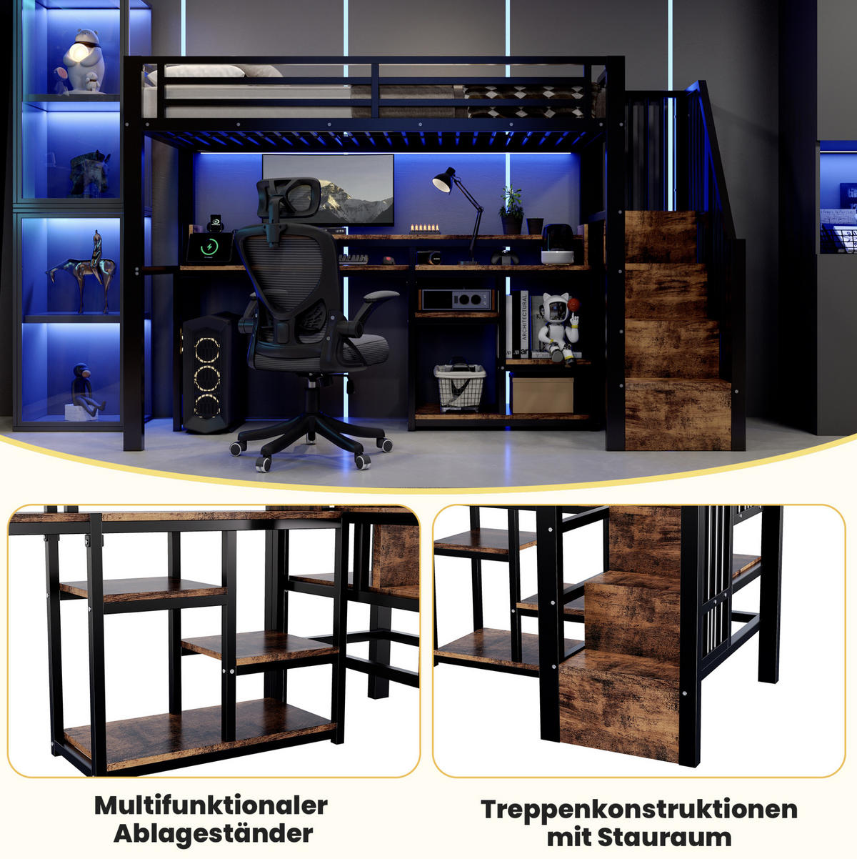 HOCHBETT MDF & Metall 90x200 cm Schwarz mit Leiterschrank, LED-Lichtleiste, USB + Typ-C - Schwarz, Holzwerkstoff (90/200cm) - Modfu