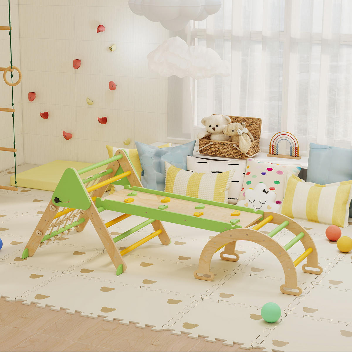 MONTESSORI-KLETTERGERÜST Holz Kletterdreieck mit Kletterbogen 8-in-1 - Grün, Holz (42/36/68.5cm) - AIYAPLAY