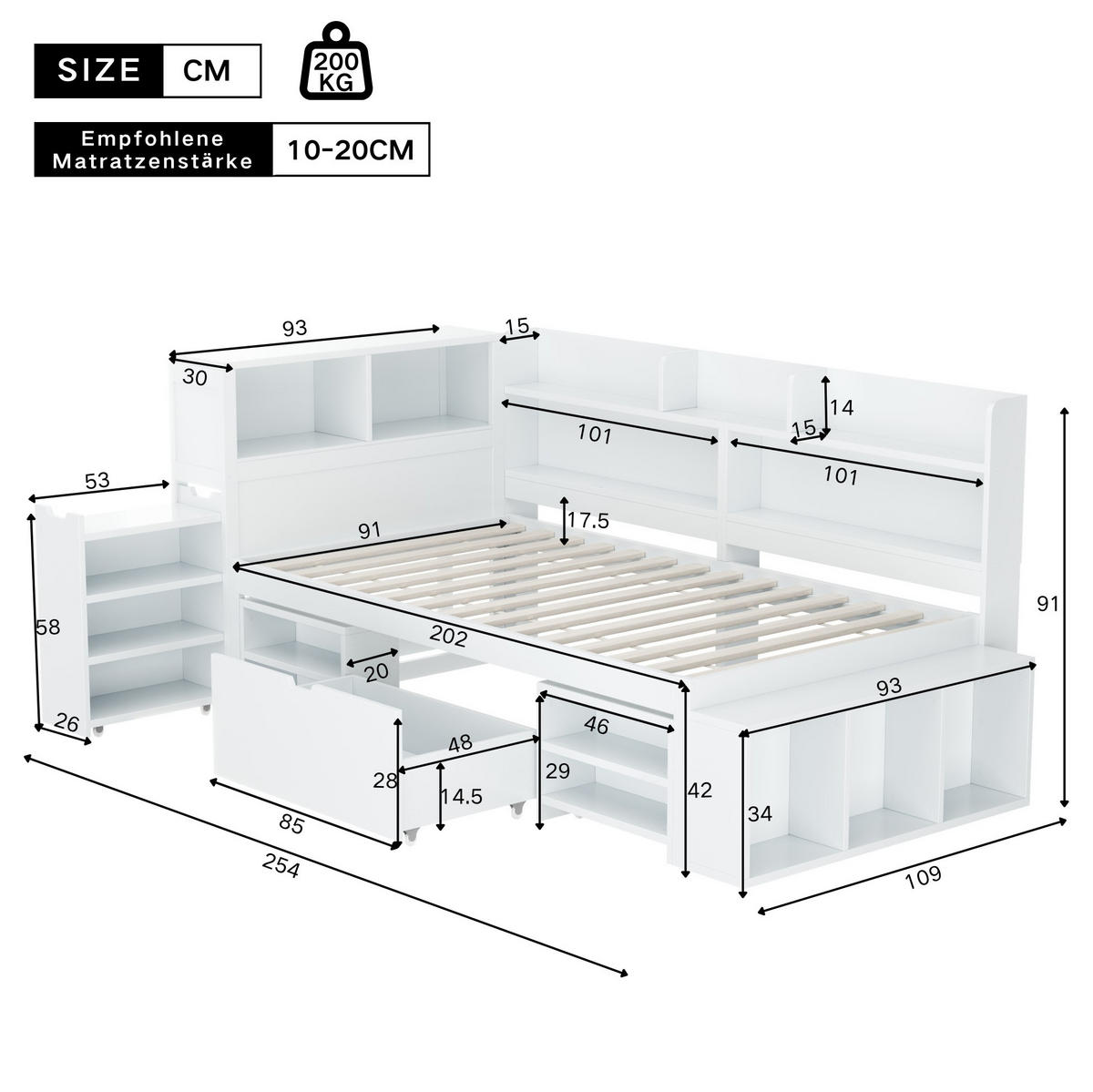 KINDERBETT 90/200 cm aus Plywood mit Schublade, Regal und Stauschrank Weiß - Weiß, Holzwerkstoff (90/200cm) - Modenvie