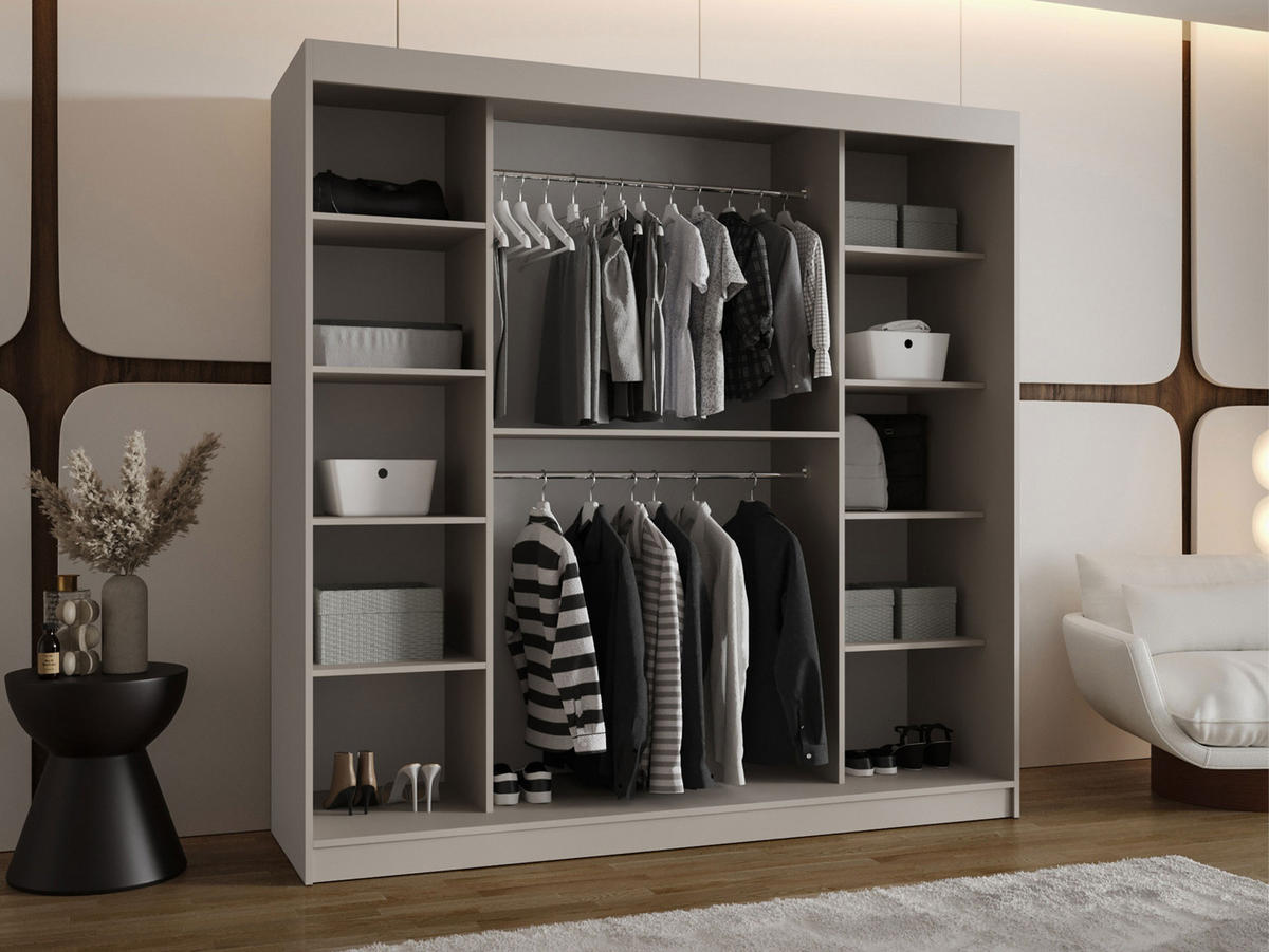 SCHWEBETÜRENSCHRANK Bahrajn 200 mit LED Beleuchtung - Kaschmir/Silberfarben, Holzwerkstoff/Kunststoff (200/200/62cm) - MIRJAN24