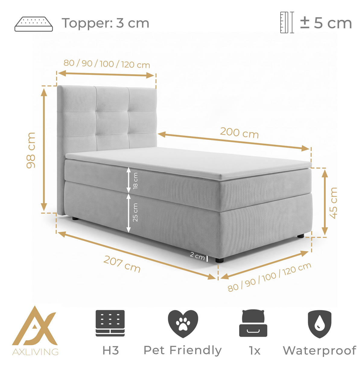 BOXBETT SAKARYA 100x200 cm mit Bettkasten und Matratze - Beige + TOPPER - Beige/Schwarz, Holz/Holzwerkstoff (100/200cm) - AX Living
