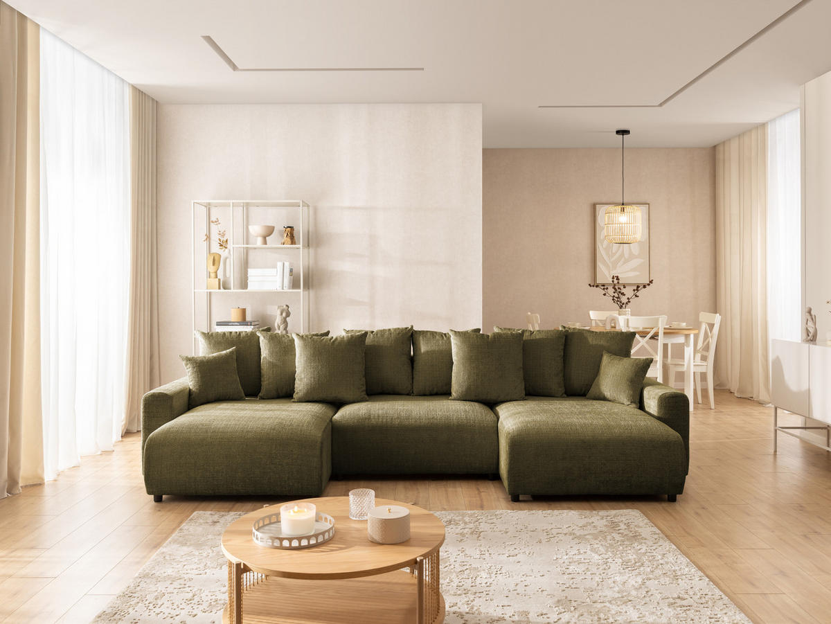 WOHNLANDSCHAFT Calma mit Schlaffunktion und Bettkasten im Bumpy-Design aus weichem Grün Chenille-Stoff - Schwarz/Grün, Holz/Kunststoff (336/88/140cm) - S-Style Möbel