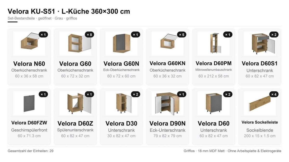 WINKELKÜCHE 360 x 300 cm VELORA – KU-S51 – Grau - Grau, Holzwerkstoff (360/248/300cm) - hi-markt