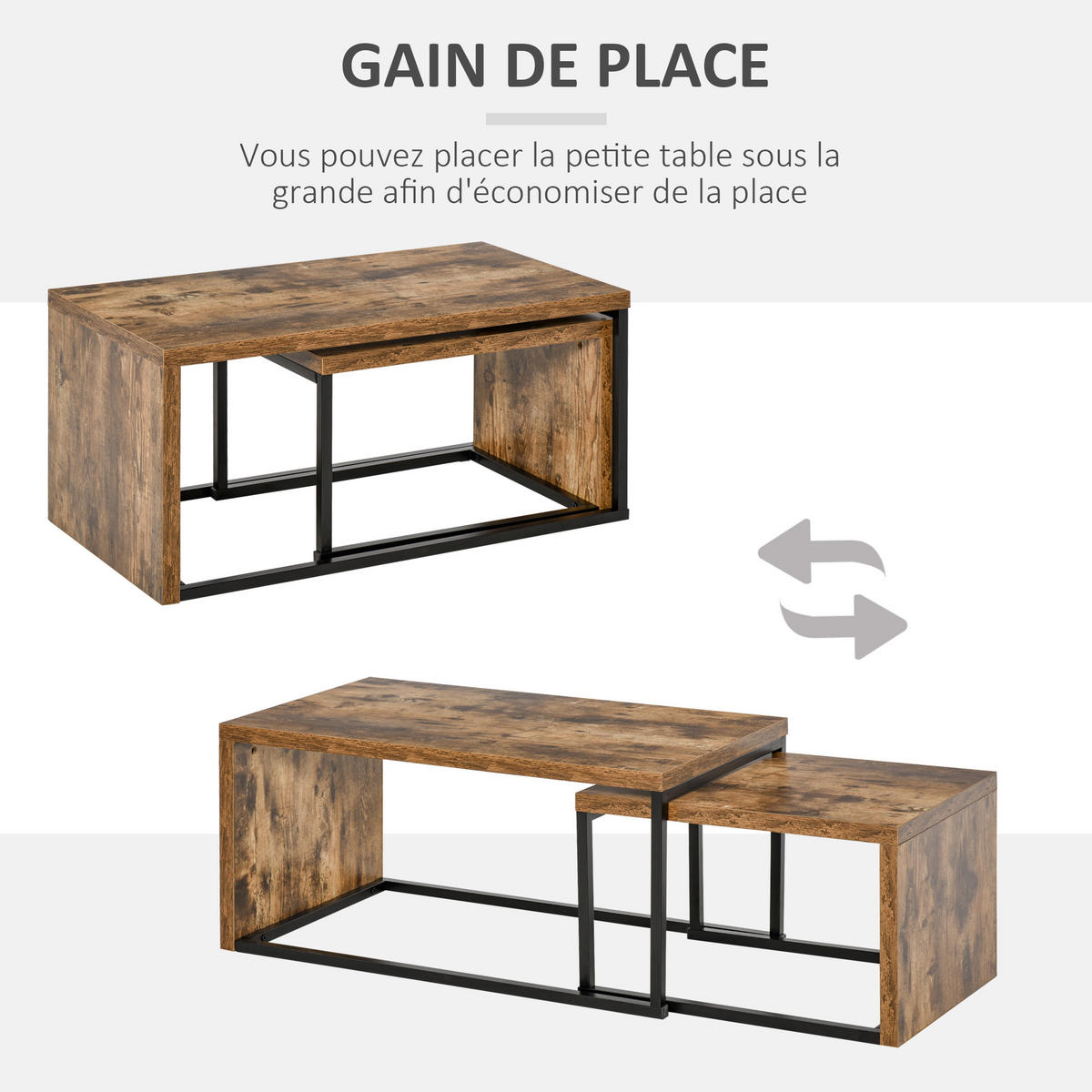 COUCHTISCH DE-15730 2er-Set nestbar, industrieller Stil Schwarz - Braun, Holzwerkstoff (90/48/42cm) - ComfortXL