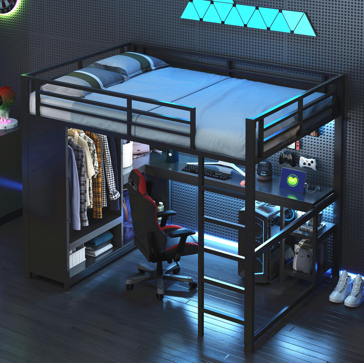 HOCHBETT mit Schreibtisch 140/200 cm in Schwarz – Metall mit Kleiderschrank und LED - Schwarz, Metall (140/200cm) - BEAOK