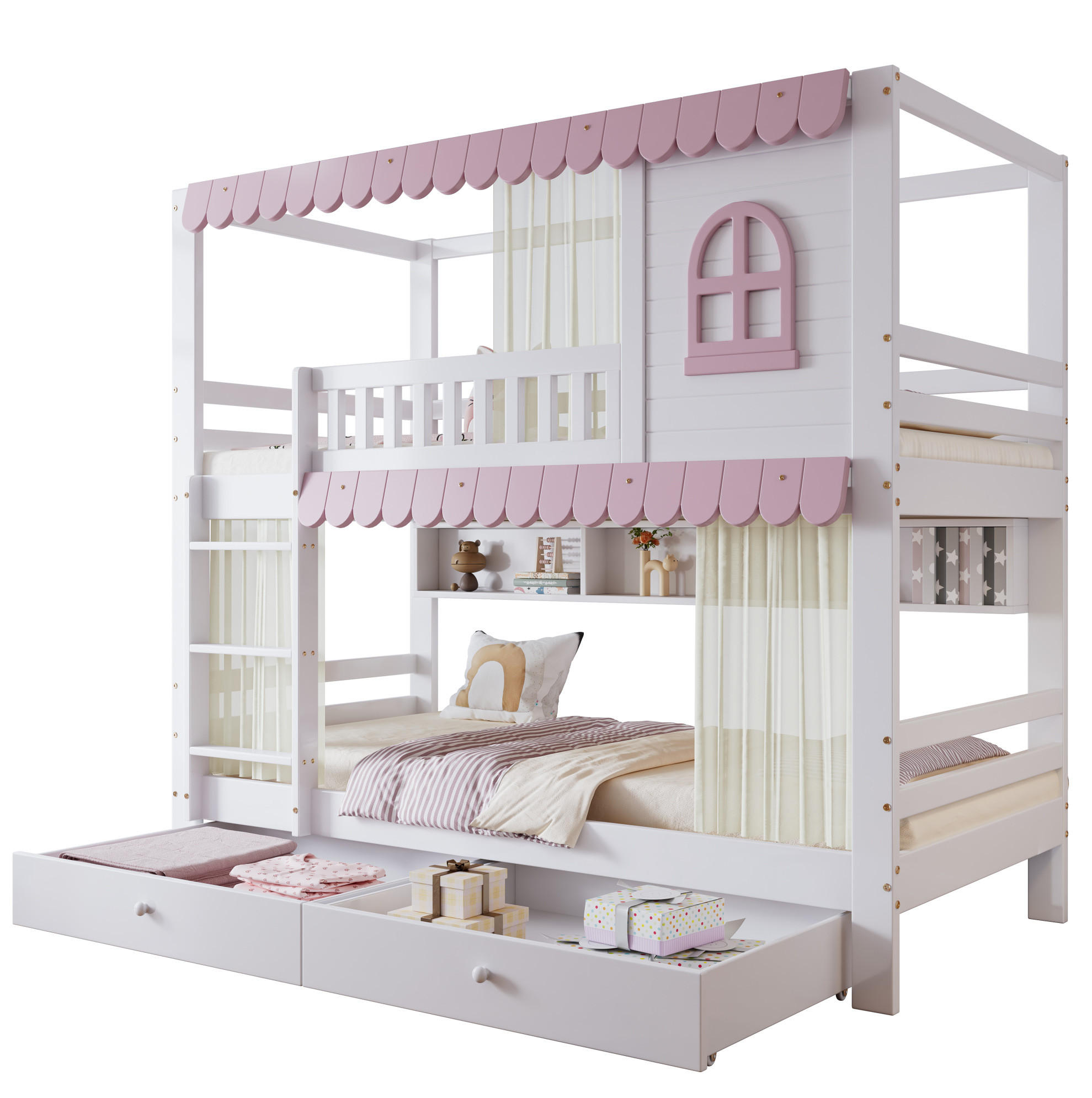 ETAGENBETT 90/200 cm weiß/rosa aus Kiefer und MDF mit Regalen und 2 Schubladen - Weiß, Holzwerkstoff (90/200cm) - OKWISH