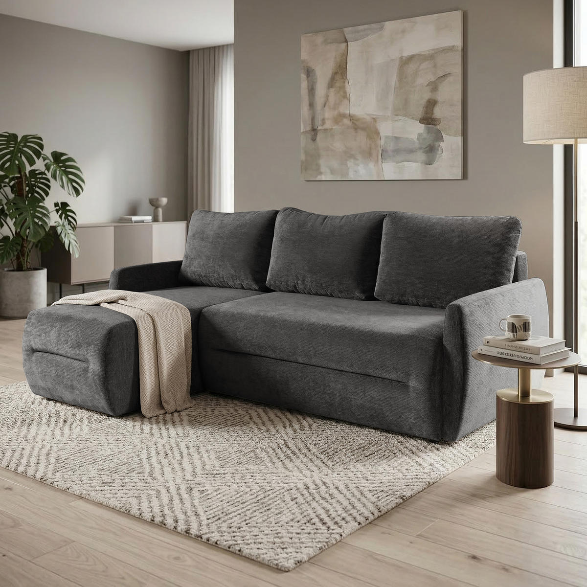 ECKSCHLAFSOFA Camila mit Schlaffunktion und universeller Ottomane, Dunkelgrau - Dunkelgrau, Textil (225/153cm) - Beautysofa