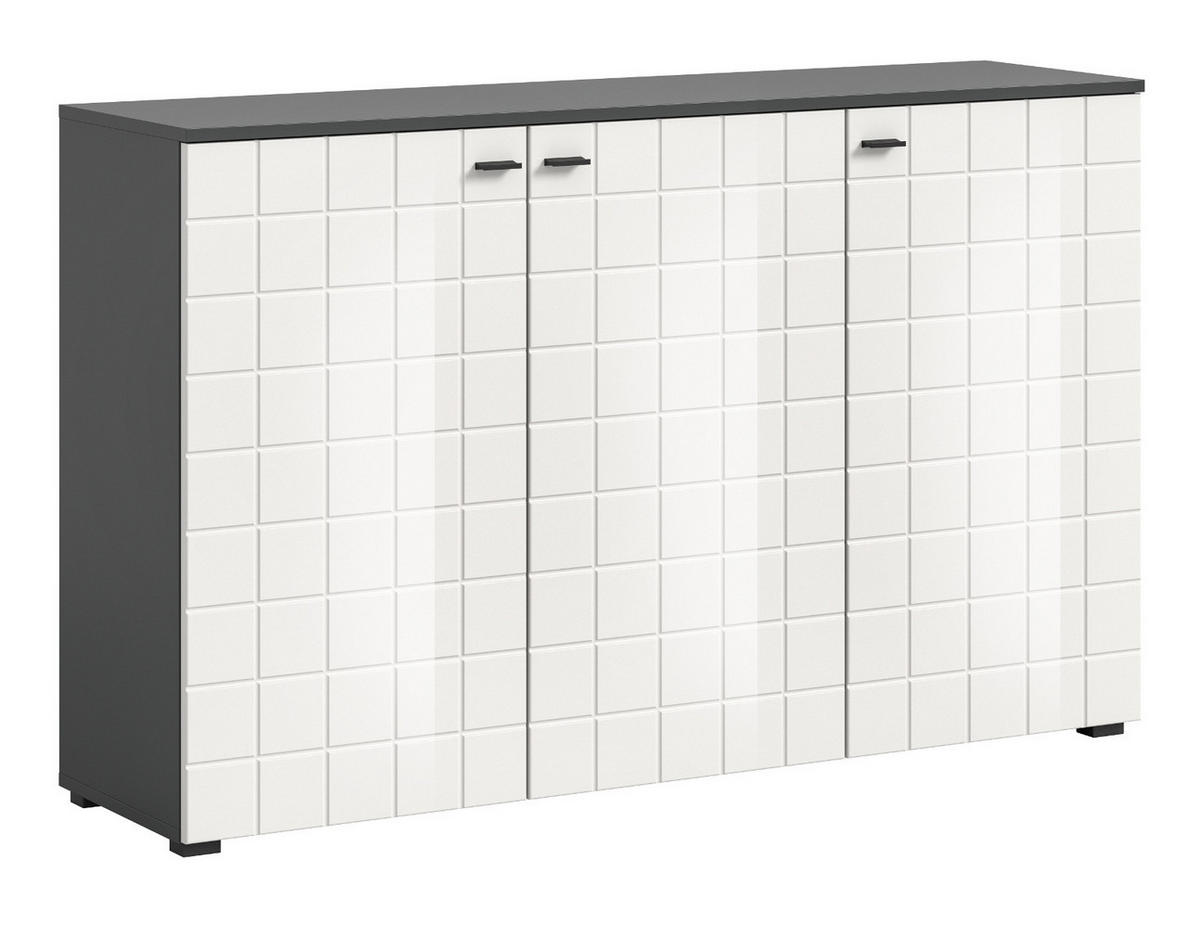 SIDEBOARD weiß Hochglanz, grau 138 cm, Kommode 3-türig - Weiß Hochglanz/Schwarz, Holzwerkstoff/Kunststoff (138/86/37cm) - Inn.Furn