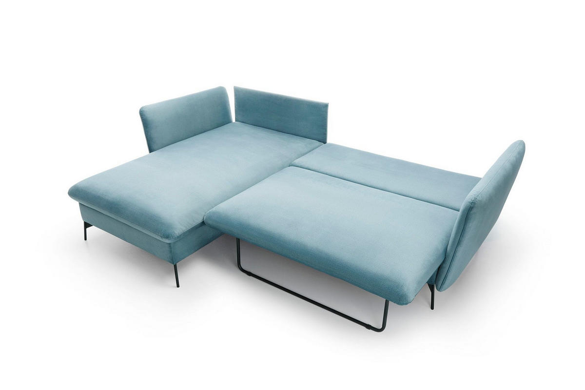 ECKSOFA FERRO Blau Velours-Stoff mit Schlaffunktion - Blau, Holz (258/167cm) - MASSENO