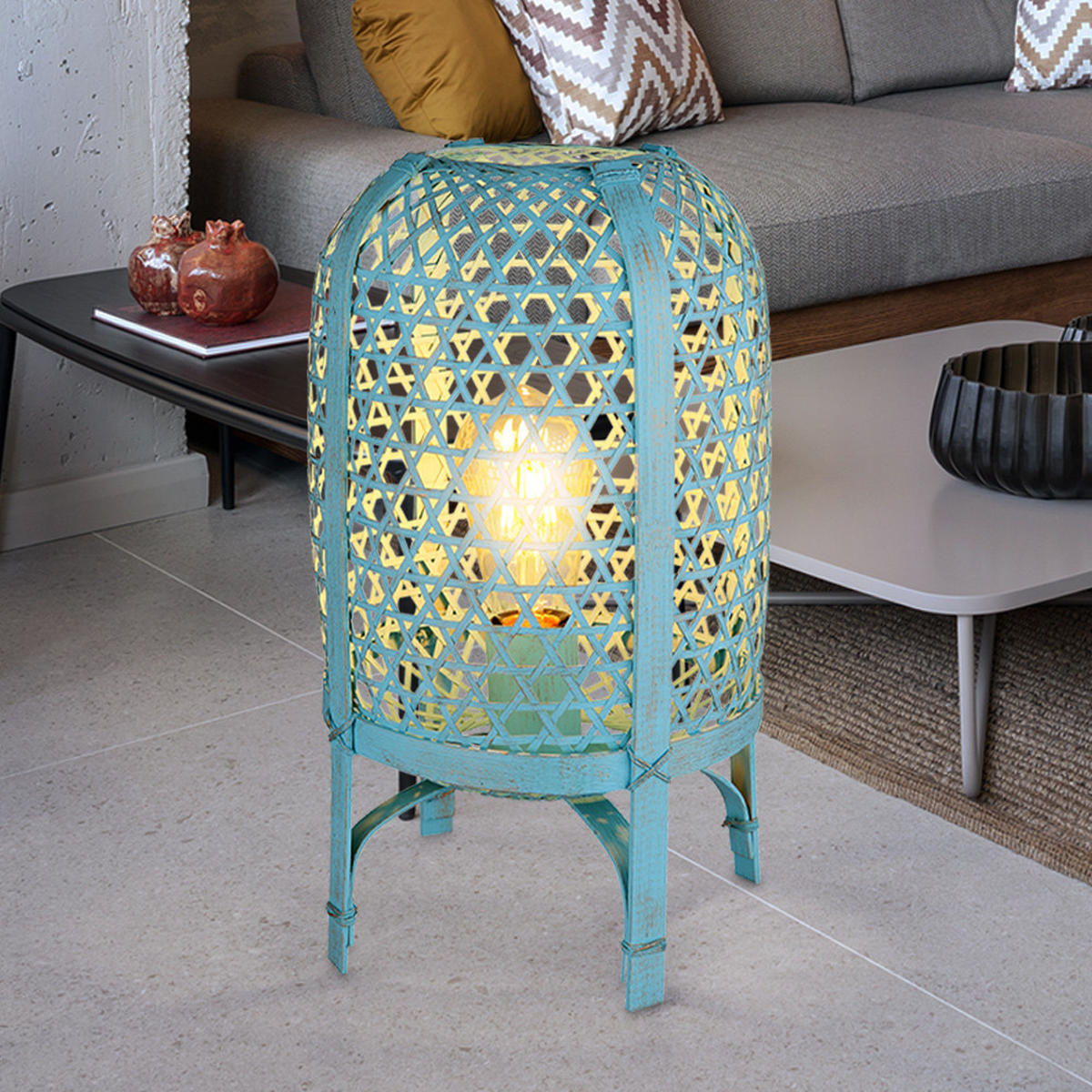 LED TISCHLEUCHTE Bambus Blau - Blau, Holz (22/22/37cm) - Globo Lighting