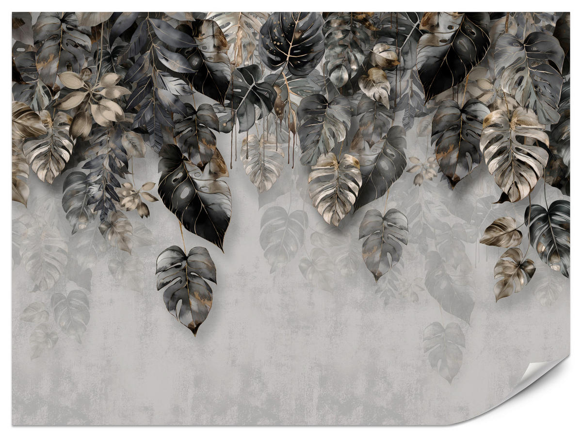 FOTOTAPETE für Wohnzimme Tropenblätter Beton Monstera 300x210 - Gelb/Schwarz, Papier (300/210cm) - Muralo