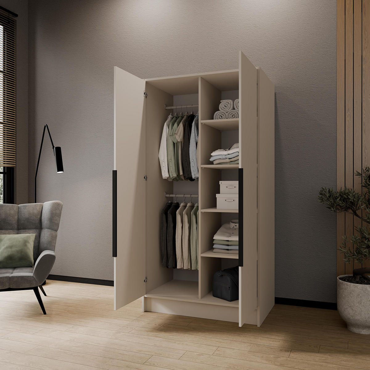 FLÜGELTÜRENSCHRANK PORTO - Kaschmir/Schwarz, Holzwerkstoff (102/200/51cm) - Meblini