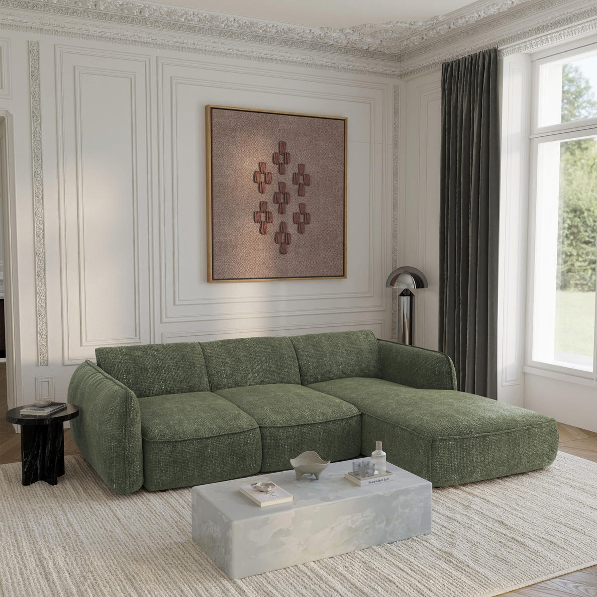 ECKSCHLAFSOFA Rastervelours 274cm - Olivgrün, Textil (274/174cm) - Sia Home