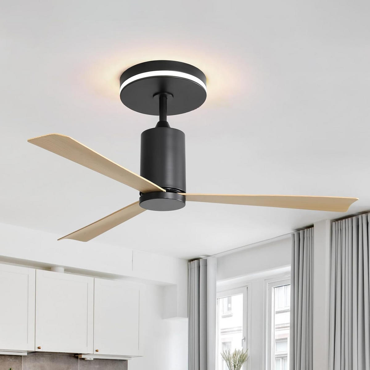 DECKENVENTILATOR DE-16329 flach mit LED & reversibel Nickel - Naturfarben, Kunststoff (132/132/65.5cm) - ComfortXL
