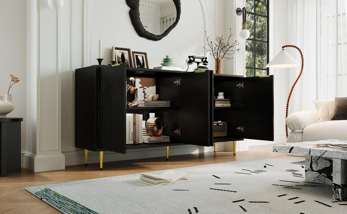 SIDEBOARD 160x40x80 cm mit 4 Türen und Hochglanzbeinen, Schwarz - Schwarz, Holz (160/80/40cm)