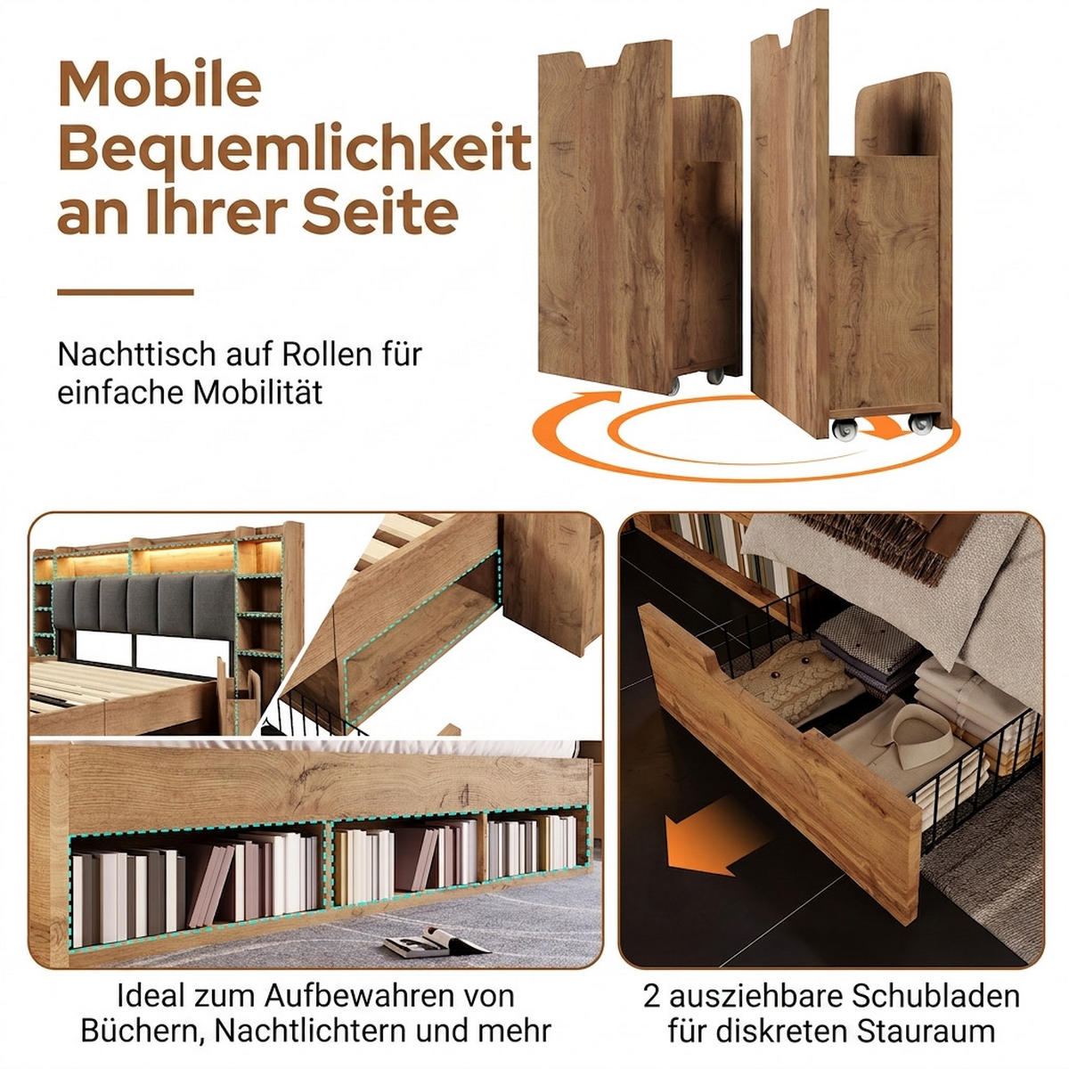 POLSTERBETT 180/200 cm Eiche mit LED-Beleuchtung, USB- und Type-C-Anschlüssen und Rollschubladen - Eichefarben, Holz (180/200cm) - Oxeza