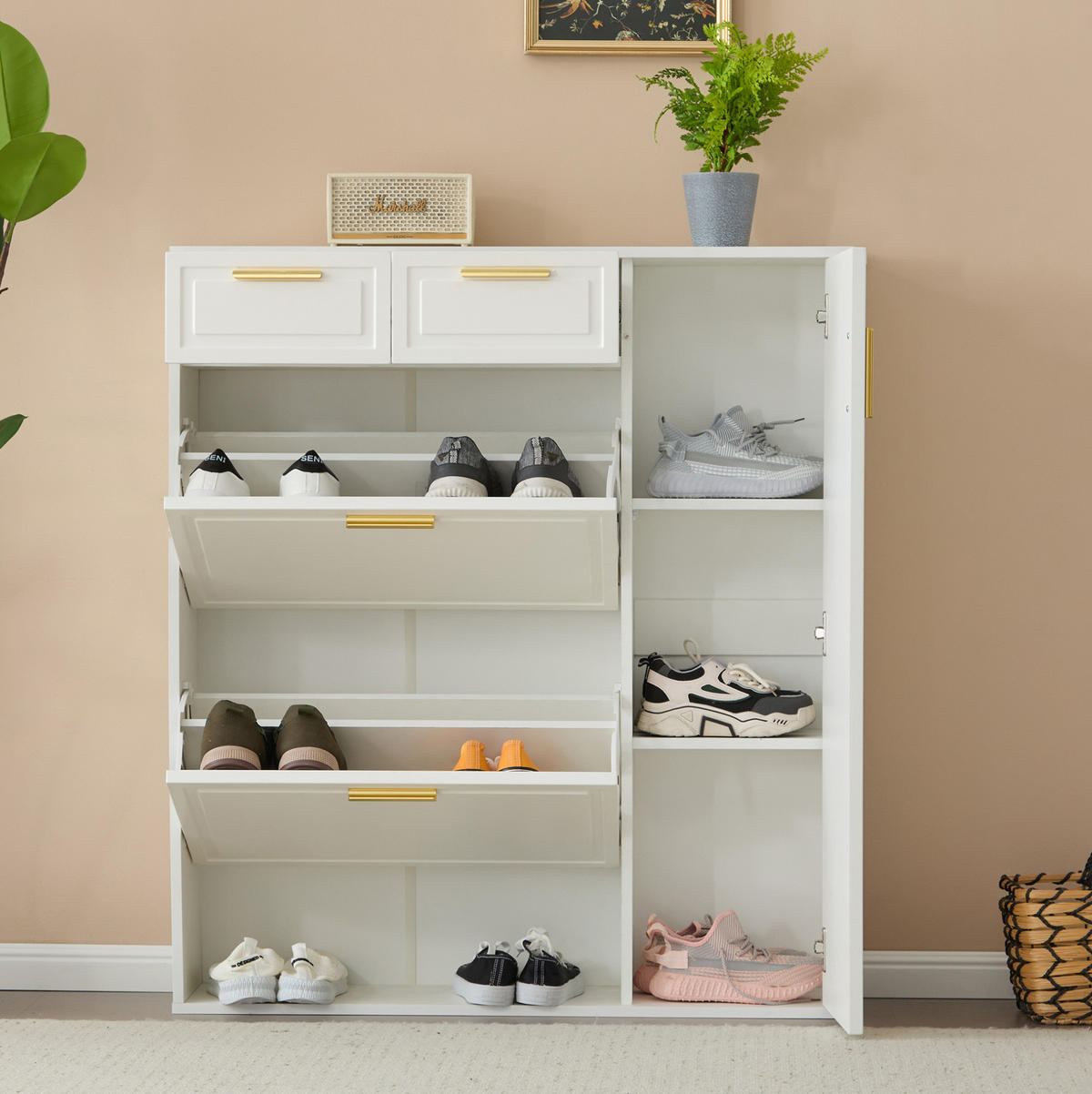 SCHUHSCHRANK 95/24/107,5 cm in Weiß mit Schubladen und verstellbaren Regalen - Weiß, Holzwerkstoff (95/107/24cm) - Flora Grace