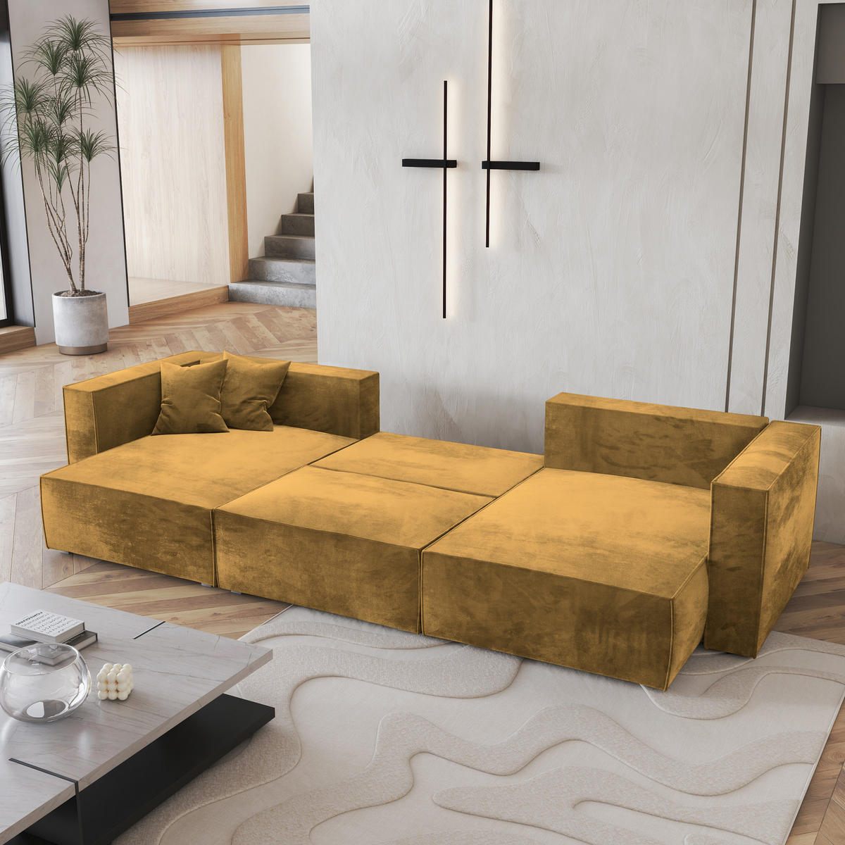 WOHNLANDSCHAFT SARMO M Gelb Velours-Stoff mit Schlaffunktion - Gelb, Holz (347/70/148cm) - MASSENO