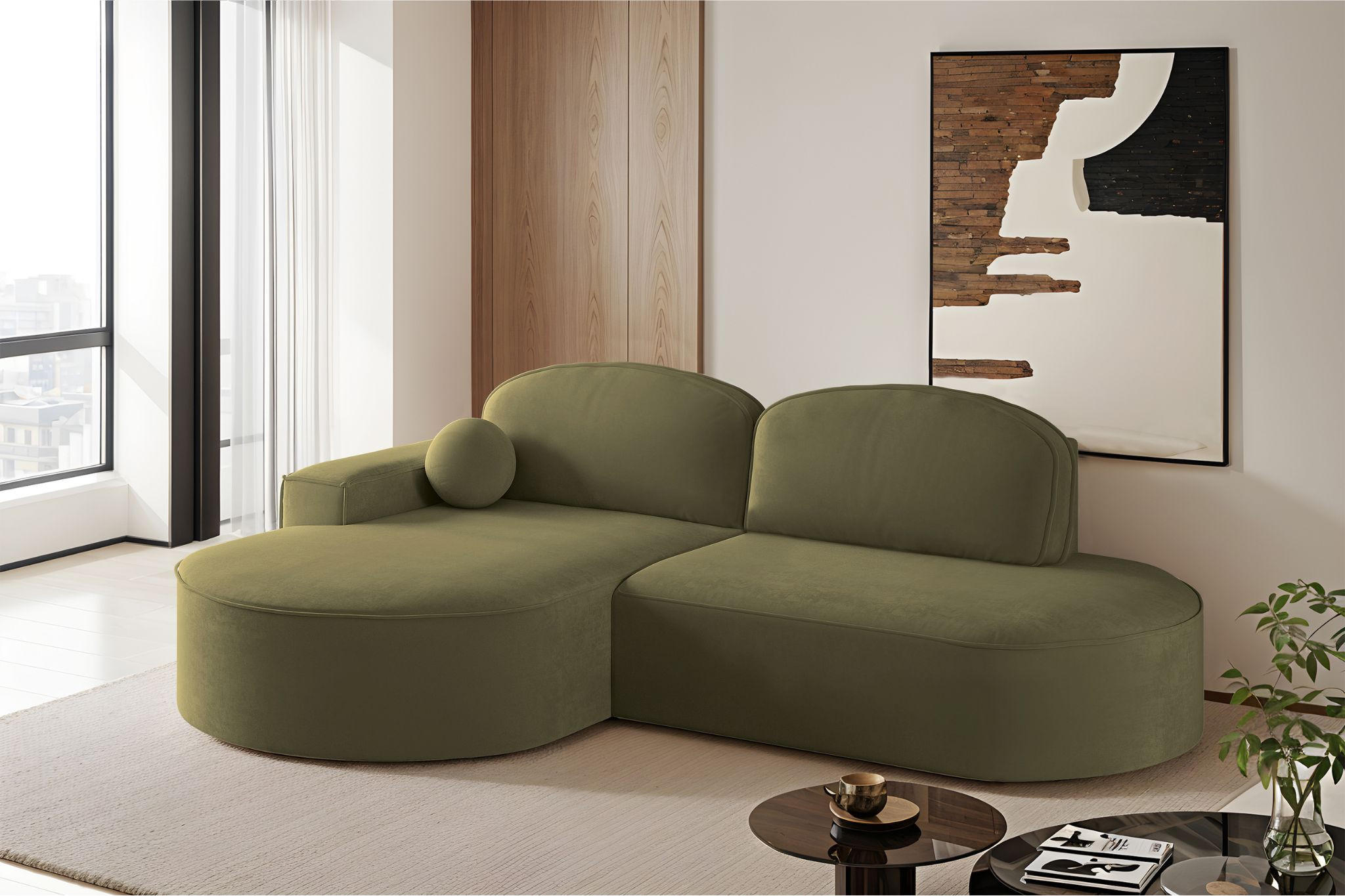 ECKSOFA mit Schlaffunktion und Bettkasten Modena Runden stoff Salvador Olive Links - Olivgrün, Holz/Textil (179/278cm) - Kaiser Möbel