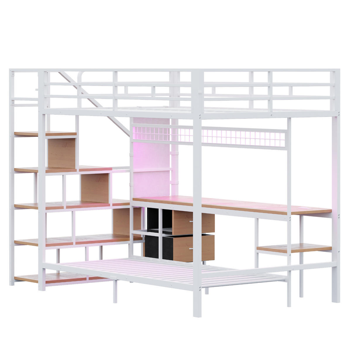 HOCHBETT 140/200 & 90/200 cm aus Metall/MDF mit Schreibtisch, LED und Stauraum Weiß - Weiß, Metall (140/200cm) - Modenvie